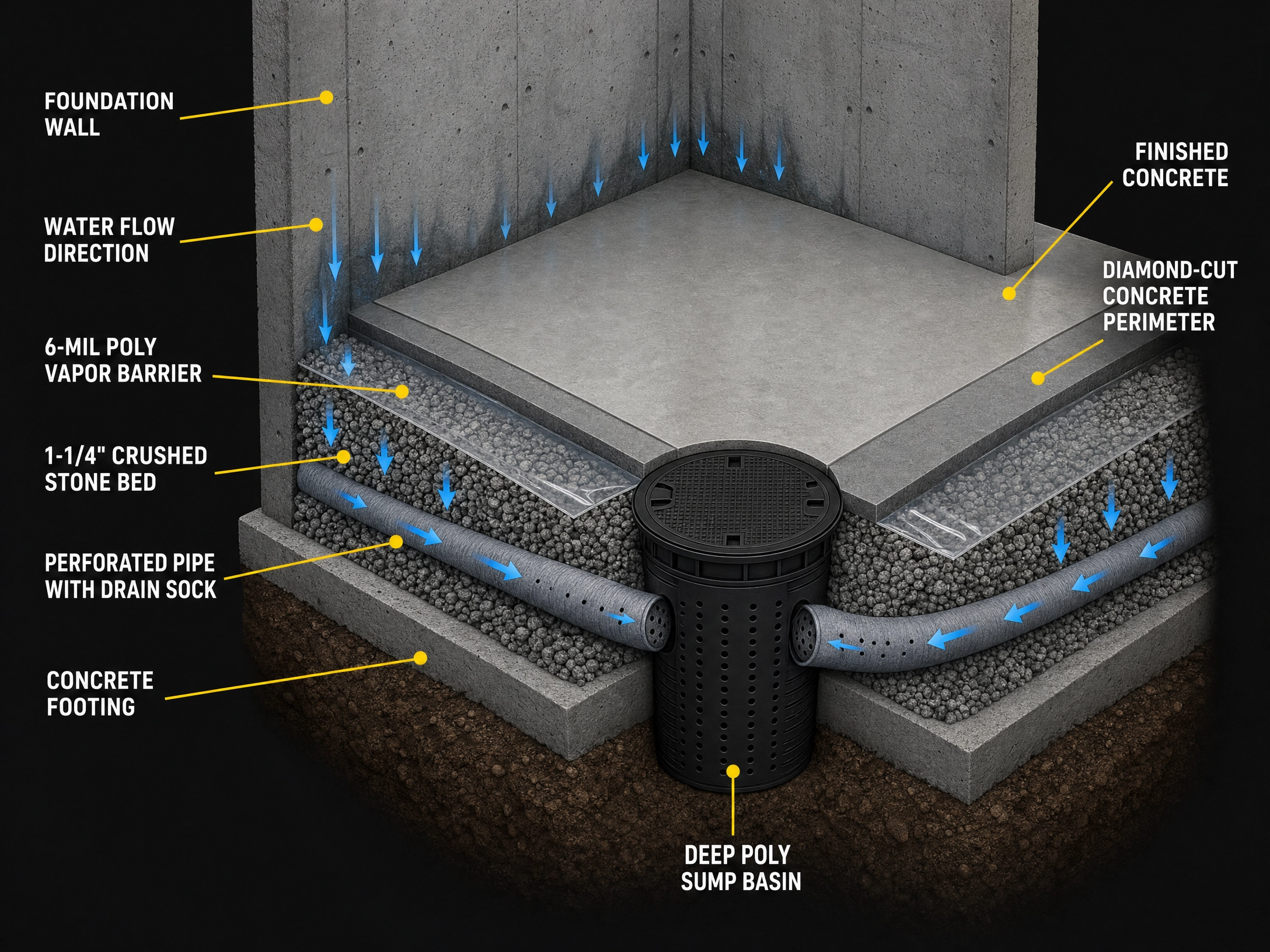 Cross-section diagram of a Sparkle Lake interior perimeter drain system showing the diamond-cut channel, crushed stone, sock-wrapped perforated pipe pitched to a poly sump basin, vapor barrier, and finished concrete
