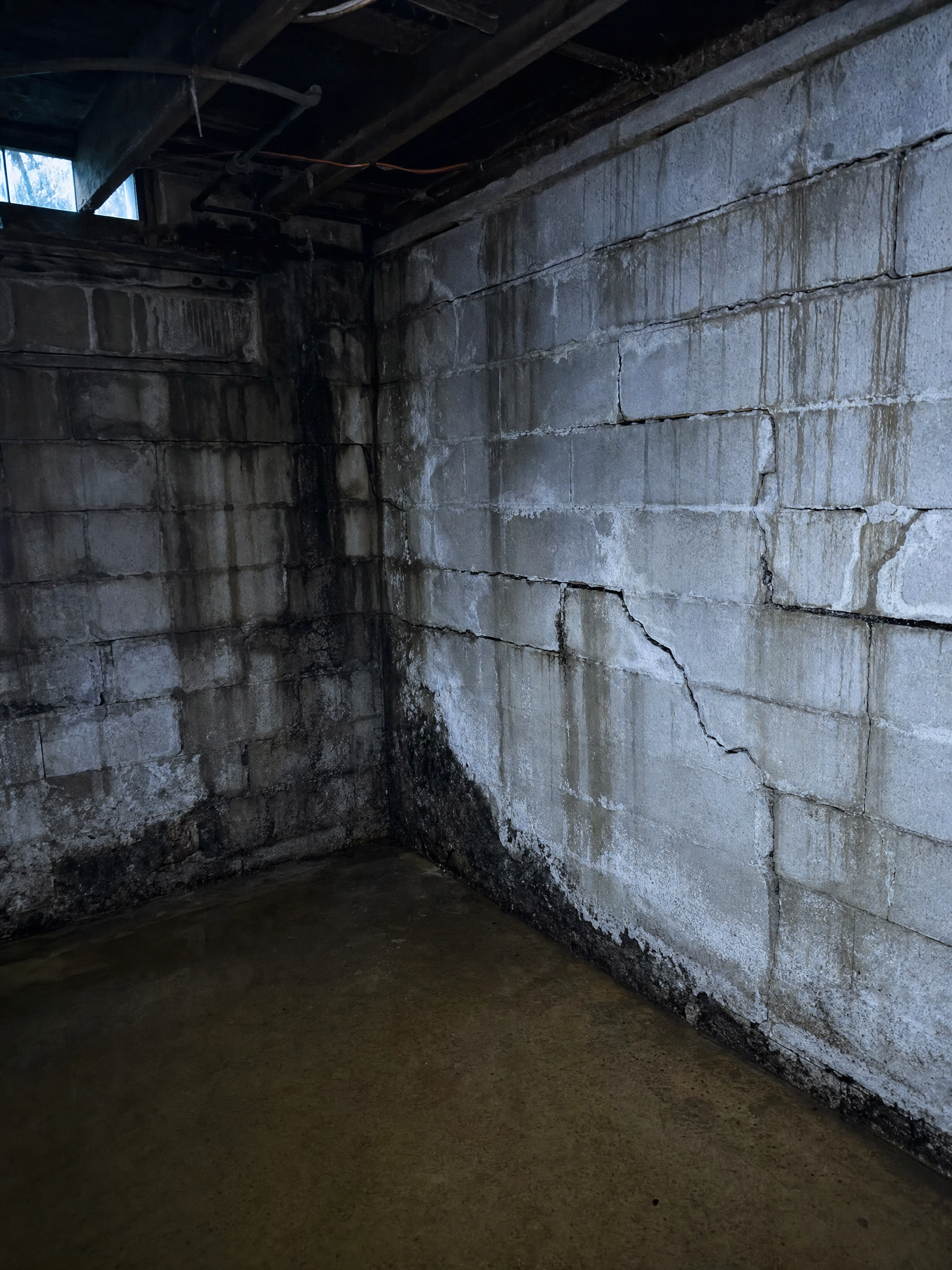 Cracked foundation wall with water staining from chronic drainage failure