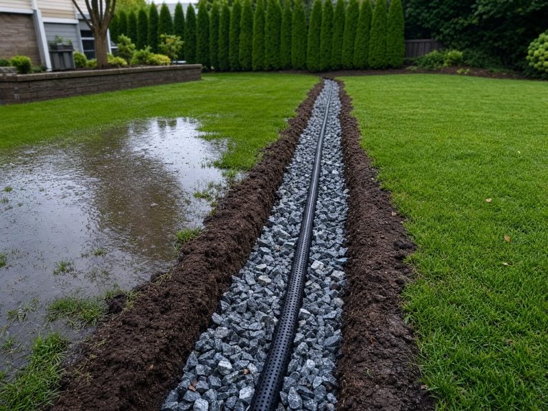 Finished yard drainage on a green residential lawn in Ledyard CT, water routed cleanly off the property